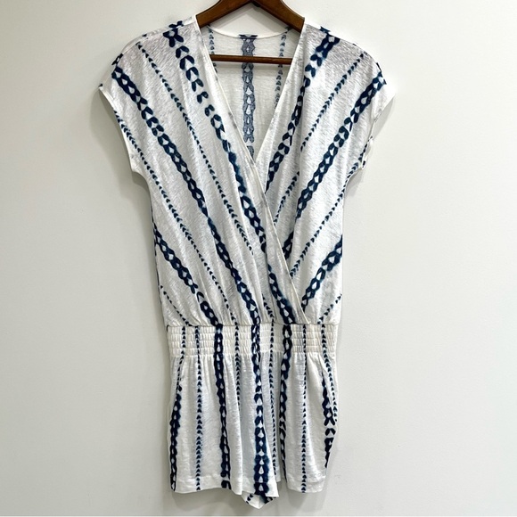 Ann Taylor Loft Beach 100% linen white blue tie-dye romper size XS - Picture 1 of 9